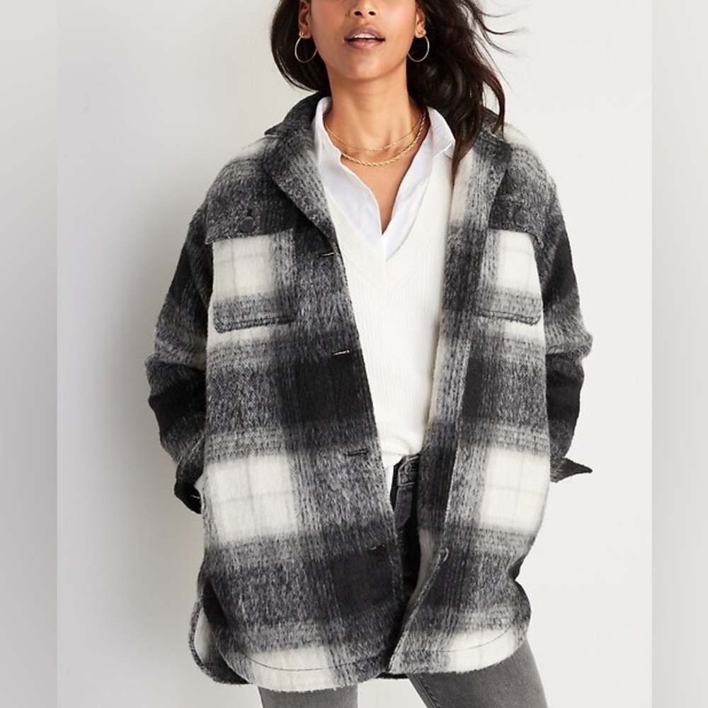 Old Navy Fuzzy Black and White Plaid Utility Shacket